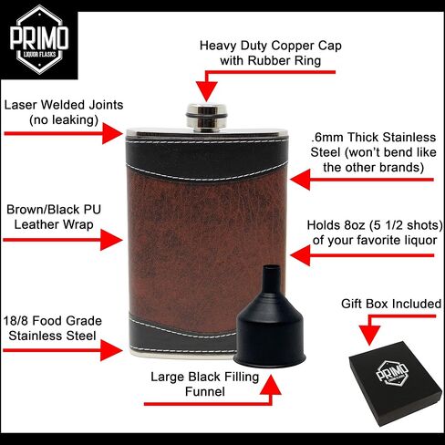 Flasks for liquor for Men, 8oz Heavy Duty Hip Flask with Funnel, Black and Brown, Gift boxed in Saudi Arabia