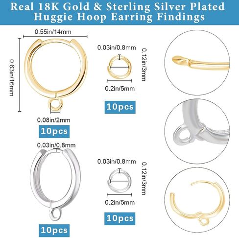 Beebeecraft 20pcs Hoop Huggie Consring Hooks 925 Sterling Silver Prass French French Round Roundring Heals with Open Jump Rings for Jewelry Making Diy Crafts in Kuwait