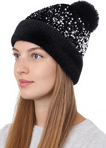 Babalet Winter Beanie Hats for Women Velvet Sequined Slouchy Skull Warm Fuzzy Pompon Cap Outdoor Windproof Ski Knit Cap in Kuwait