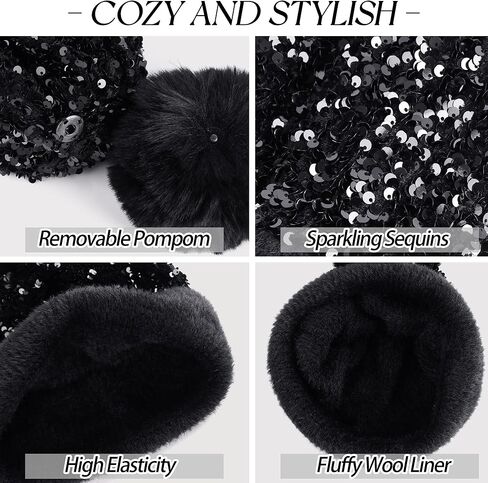 Babalet Winter Beanie Hats for Women Velvet Sequined Slouchy Skull Warm Fuzzy Pompon Cap Outdoor Windproof Ski Knit Cap in Kuwait