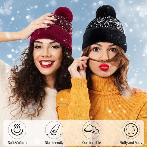 Babalet Winter Beanie Hats for Women Velvet Sequined Slouchy Skull Warm Fuzzy Pompon Cap Outdoor Windproof Ski Knit Cap in Kuwait