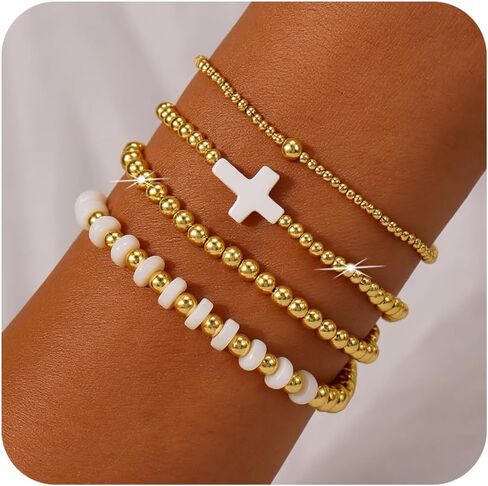 Gold Beaded Bracelets for Women - Stackable Cross Bracelet Stretch Gold Beads Stack Handmade Boho Dainty Non Tarnish Religious Jewelry Trendy Summer Friendship Christian Gift for Women in Kuwait