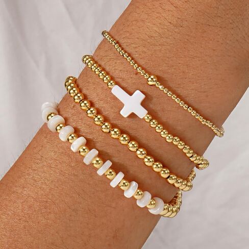 Gold Beaded Bracelets for Women - Stackable Cross Bracelet Stretch Gold Beads Stack Handmade Boho Dainty Non Tarnish Religious Jewelry Trendy Summer Friendship Christian Gift for Women in Kuwait