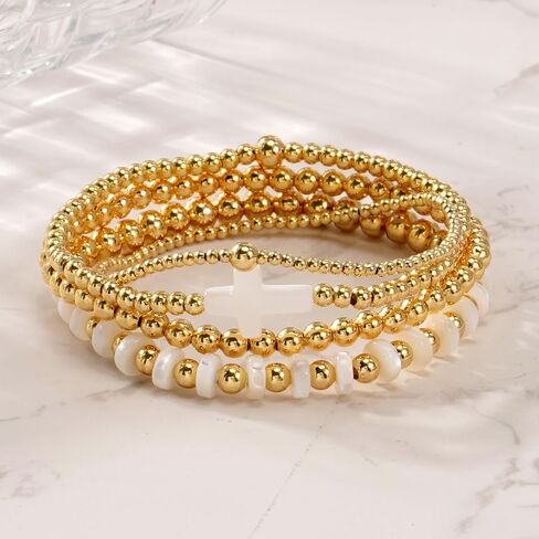 Gold Beaded Bracelets for Women - Stackable Cross Bracelet Stretch Gold Beads Stack Handmade Boho Dainty Non Tarnish Religious Jewelry Trendy Summer Friendship Christian Gift for Women in Kuwait
