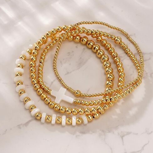 Gold Beaded Bracelets for Women - Stackable Cross Bracelet Stretch Gold Beads Stack Handmade Boho Dainty Non Tarnish Religious Jewelry Trendy Summer Friendship Christian Gift for Women in Kuwait