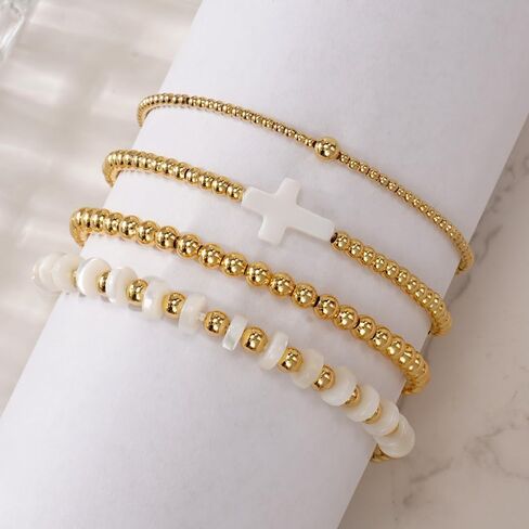 Gold Beaded Bracelets for Women - Stackable Cross Bracelet Stretch Gold Beads Stack Handmade Boho Dainty Non Tarnish Religious Jewelry Trendy Summer Friendship Christian Gift for Women in Kuwait