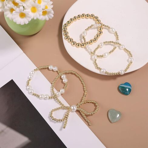 5 قطع من الأساور الذهبية للنساء، مجموعة أساور من اللؤلؤ المطرز بالذهب قابلة للتكديس، إكسسوارات سوار على شكل كرة خرز، هدايا للنساء مجوهرات عصرية in Saudi Arabia