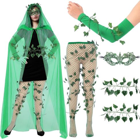 7 Pcs Halloween Green Costumes for Women Adult Cloak Arm Wrap Green Gloves Fishnet Tights Eye Mask Vines Cosplay Outfits Accessories Set in Saudi Arabia