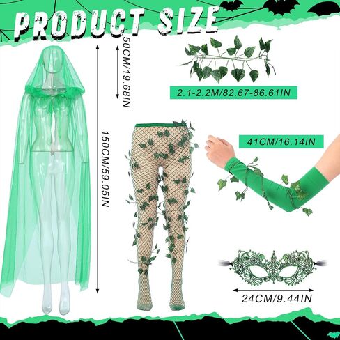 7 Pcs Halloween Green Costumes for Women Adult Cloak Arm Wrap Green Gloves Fishnet Tights Eye Mask Vines Cosplay Outfits Accessories Set in Saudi Arabia