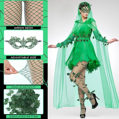 7 Pcs Halloween Green Costumes for Women Adult Cloak Arm Wrap Green Gloves Fishnet Tights Eye Mask Vines Cosplay Outfits Accessories Set in Saudi Arabia