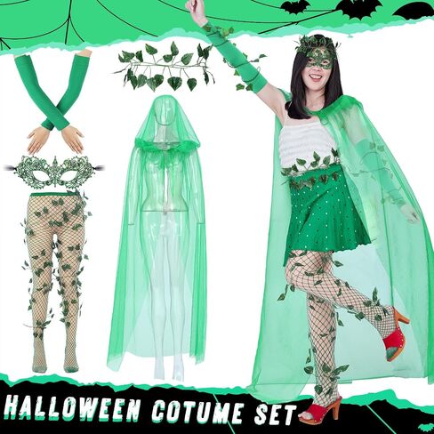7 Pcs Halloween Green Costumes for Women Adult Cloak Arm Wrap Green Gloves Fishnet Tights Eye Mask Vines Cosplay Outfits Accessories Set in Saudi Arabia