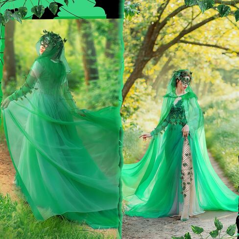 7 Pcs Halloween Green Costumes for Women Adult Cloak Arm Wrap Green Gloves Fishnet Tights Eye Mask Vines Cosplay Outfits Accessories Set in Saudi Arabia