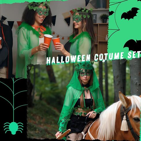 7 Pcs Halloween Green Costumes for Women Adult Cloak Arm Wrap Green Gloves Fishnet Tights Eye Mask Vines Cosplay Outfits Accessories Set in Saudi Arabia