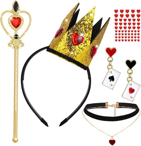 5 Pcs Queen Of Hearts Accessories for Women,Red Queen Of Hearts Costume Crown Wand Headband Necklace Earring sticker for Halloween Party Cosplay Dress Up in Saudi Arabia