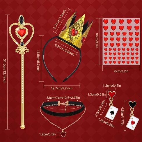 5 Pcs Queen Of Hearts Accessories for Women,Red Queen Of Hearts Costume Crown Wand Headband Necklace Earring sticker for Halloween Party Cosplay Dress Up in Saudi Arabia