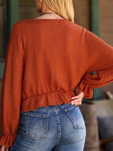 CUPSHE Womens V Neck Swiss Dot Tops Long Sleeve Wrap Ruffle Fashion Fall Blouse in Saudi Arabia