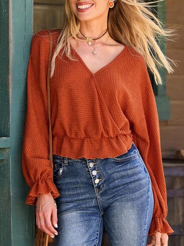 CUPSHE Womens V Neck Swiss Dot Tops Long Sleeve Wrap Ruffle Fashion Fall Blouse in Saudi Arabia