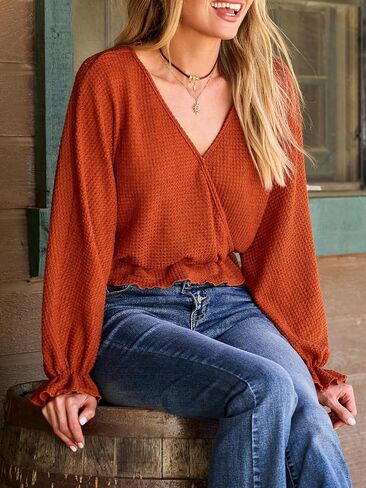 CUPSHE Womens V Neck Swiss Dot Tops Long Sleeve Wrap Ruffle Fashion Fall Blouse in Saudi Arabia