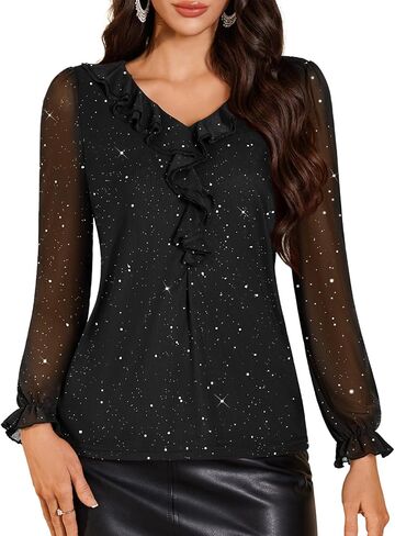 DRESSTELLS بلوزات نسائية مطرزة بالترتر مكشكشة ورقبة على شكل حرف V وأكمام طويلة وطبقات مزدوجة شبكية لامعة للحفلات in Saudi Arabia