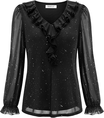 DRESSTELLS بلوزات نسائية مطرزة بالترتر مكشكشة ورقبة على شكل حرف V وأكمام طويلة وطبقات مزدوجة شبكية لامعة للحفلات in Saudi Arabia
