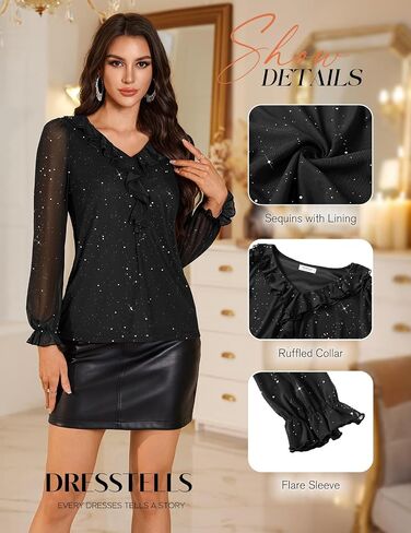 DRESSTELLS بلوزات نسائية مطرزة بالترتر مكشكشة ورقبة على شكل حرف V وأكمام طويلة وطبقات مزدوجة شبكية لامعة للحفلات in Saudi Arabia