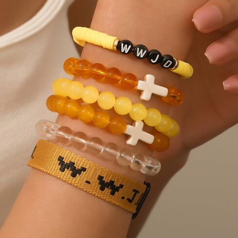 Pingyongchang W.W.J.D. Cross Bracelets Set for Women Men Boho Clay Glass Beaded Stackable Stretch Bracelets What Wound Jesus Do Bracelet Christian Religious Faith Jewelry Gift in Saudi Arabia