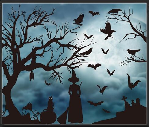 Whaline Halloween Window Clings Stickers Silhouette Black Cat Bats Witch Double-Sided Reusable Removable Window Decals for Party Home Office Classroom Indoor & Outdoor, 11.8 x 27.5 Inch in Saudi Arabia