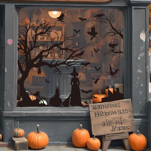 Whaline Halloween Window Clings Stickers Silhouette Black Cat Bats Witch Double-Sided Reusable Removable Window Decals for Party Home Office Classroom Indoor & Outdoor, 11.8 x 27.5 Inch in Saudi Arabia