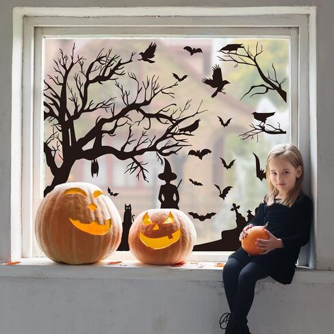 Whaline Halloween Window Clings Stickers Silhouette Black Cat Bats Witch Double-Sided Reusable Removable Window Decals for Party Home Office Classroom Indoor & Outdoor, 11.8 x 27.5 Inch in Saudi Arabia