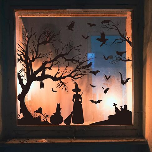 Whaline Halloween Window Clings Stickers Silhouette Black Cat Bats Witch Double-Sided Reusable Removable Window Decals for Party Home Office Classroom Indoor & Outdoor, 11.8 x 27.5 Inch in Saudi Arabia