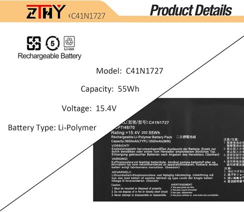 ZTHY C41N1727 Laptop Battery Replacement for Asus Zephyrus M GM501 GM501G GM501GM GM501GS ROG GU501 GU501G GU501GM GM501G-SEI006T GM501GS-EI015T GU501GM-BI7N8 GM501GM-EI005T GM501GS-EI003T 15.4V 55Wh in Kuwait