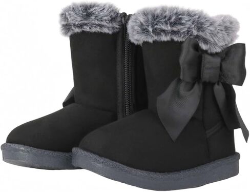 QIETION Toddler & Little Kid Suede Bow Winter Boots – Faux-Fur Lined Warm Snow Booties with Inside Side-Zipper, Non-Slip TPR Sole, Girls & Boys Cold-Weather Shoes in Saudi Arabia