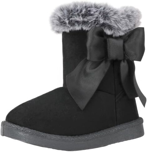 QIETION Toddler & Little Kid Suede Bow Winter Boots – Faux-Fur Lined Warm Snow Booties with Inside Side-Zipper, Non-Slip TPR Sole, Girls & Boys Cold-Weather Shoes in Saudi Arabia