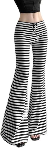Women Flare Pants Y2K Vintage Grunge Striped Bell Bottoms Low Rise Drawstring Waist Goth Punk Trousers in Saudi Arabia