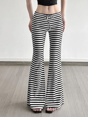 Women Flare Pants Y2K Vintage Grunge Striped Bell Bottoms Low Rise Drawstring Waist Goth Punk Trousers in Saudi Arabia