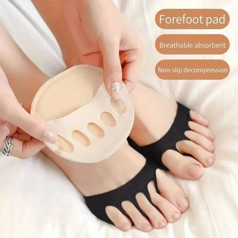 2pcs Sponge Forefoot Pads, Sweat-Absorbing Sandal Insoles, Five-Finger Half-Cut Socks, Anti-Odor Half-Size Pads, Beige in Saudi Arabia
