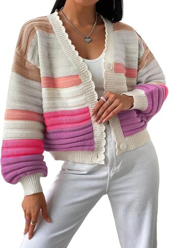 OYOANGLE Women's Color Block Striped Cardigan Button Open Front Scallop Long Sleeve Knit Sweaters Coats in Saudi Arabia