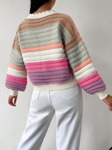 OYOANGLE Women's Color Block Striped Cardigan Button Open Front Scallop Long Sleeve Knit Sweaters Coats in Saudi Arabia