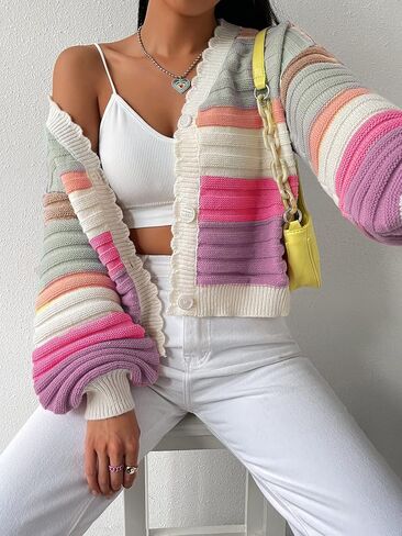 OYOANGLE Women's Color Block Striped Cardigan Button Open Front Scallop Long Sleeve Knit Sweaters Coats in Saudi Arabia
