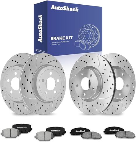 وسادات فرامل سيراميك أمامية وخلفية محفورة ومشقوقة من AutoShack | بديل لسيارة دودج جراند كارافان رحلة كرايسلر تاون آند كانتري FWD | لمسة نهائية فضية غير لامعة | طقم فرامل 12 قطعة | توربو جارد in Saudi Arabia