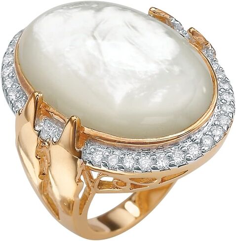 PalmBeach Yellow Gold-plated Oval Shaped Genuine Mother of Pearl and Round Cubic Zirconia Bezel Set Ring Sizes 7-12 in Saudi Arabia
