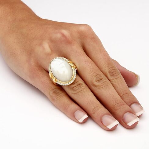 PalmBeach Yellow Gold-plated Oval Shaped Genuine Mother of Pearl and Round Cubic Zirconia Bezel Set Ring Sizes 7-12 in Saudi Arabia