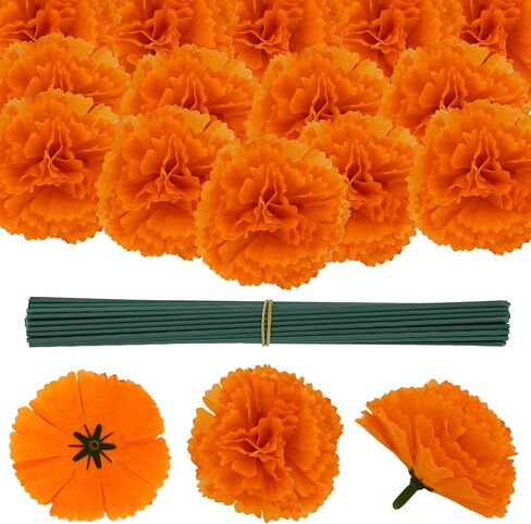 50 Pcs Marigold Silk Artificial Flowers with Stems, Mexican Flowers Decoration for Diwali, Day of The Dead Wreath Garland, Christmas New Year Wedding Party Altar Decor in Saudi Arabia