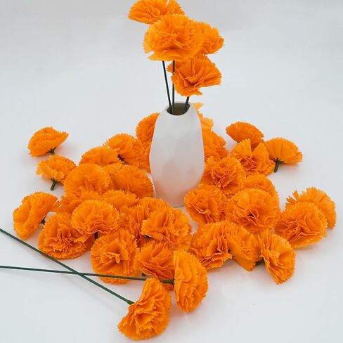 50 Pcs Marigold Silk Artificial Flowers with Stems, Mexican Flowers Decoration for Diwali, Day of The Dead Wreath Garland, Christmas New Year Wedding Party Altar Decor in Saudi Arabia