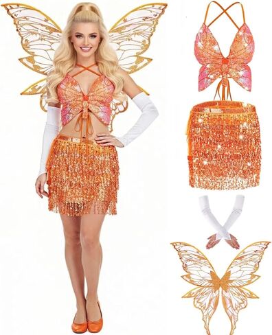 Mepase Fairy Costume Set Butterfly Wing Sequin Tassel Skirt Belly Dance Bra Top Glitter Sleeves for Halloween Cosplay in Saudi Arabia