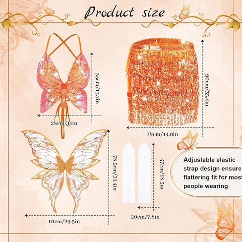 Mepase Fairy Costume Set Butterfly Wing Sequin Tassel Skirt Belly Dance Bra Top Glitter Sleeves for Halloween Cosplay in Saudi Arabia