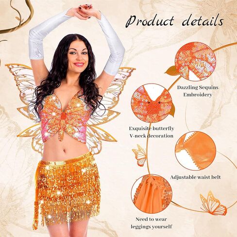 Mepase Fairy Costume Set Butterfly Wing Sequin Tassel Skirt Belly Dance Bra Top Glitter Sleeves for Halloween Cosplay in Saudi Arabia