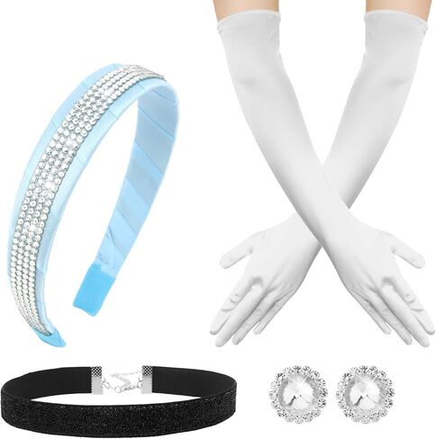 Princess Costume Accessories Set for Women, Blue Headband, Black Velvet Choker Necklace, Clip-on Earrings and Long Satin Gloves, Halloween Cosplay, Birthday Party Dress Up in Kuwait