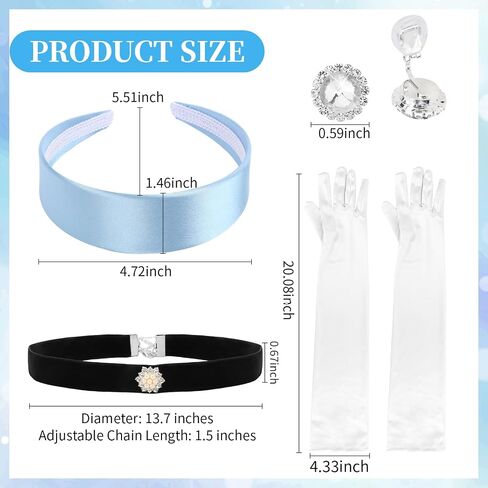 Princess Costume Accessories Set for Women, Blue Headband, Black Velvet Choker Necklace, Clip-on Earrings and Long Satin Gloves, Halloween Cosplay, Birthday Party Dress Up in Kuwait