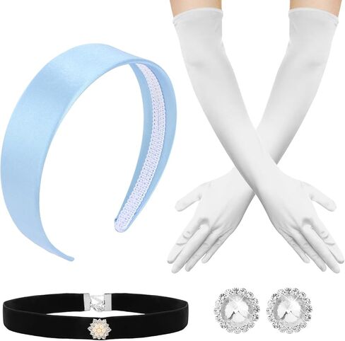 Princess Costume Accessories Set for Women, Blue Headband, Black Velvet Choker Necklace, Clip-on Earrings and Long Satin Gloves, Halloween Cosplay, Birthday Party Dress Up in Kuwait